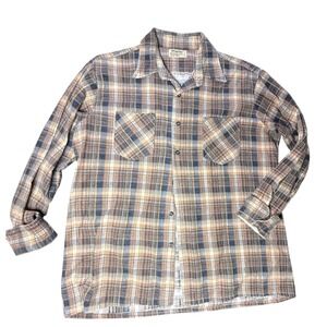 Vintage Wedgefield Mens Plaid Flannel Shirt Long Sleeve Button‎ Up Beige Blue
